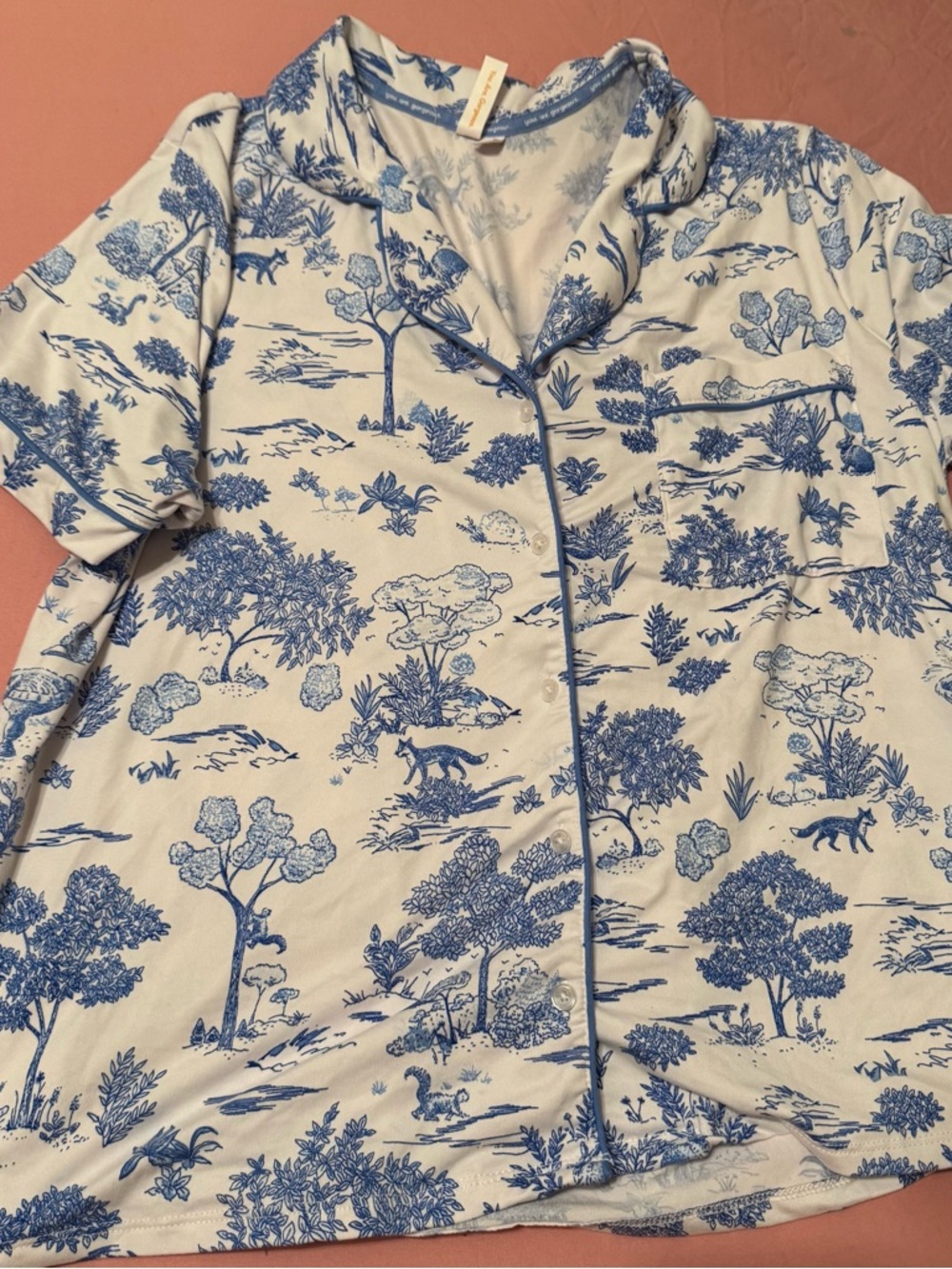 Blue Toile Print Short Sleeve Pajama Set - Classic Button-Front - Picture 2 of 4